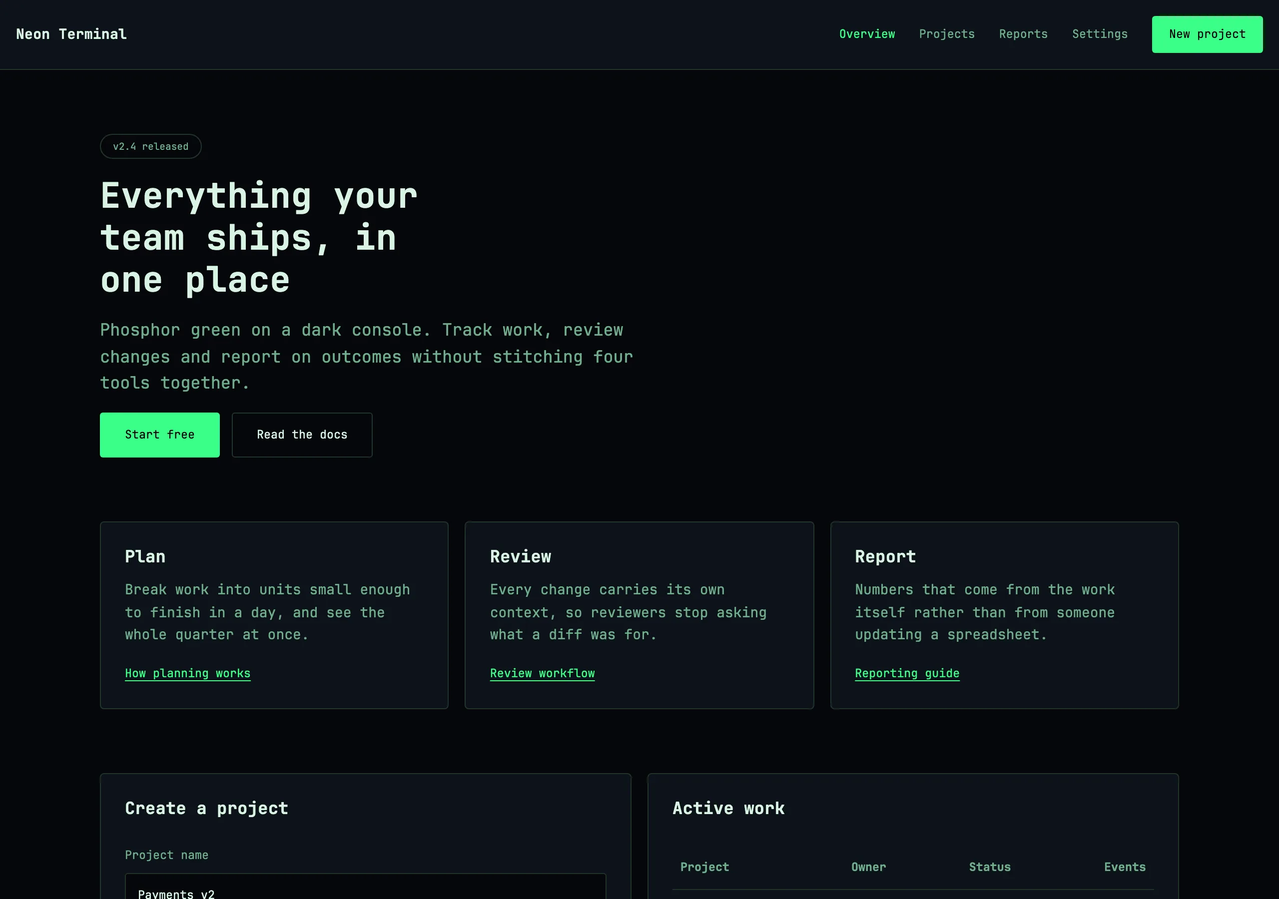 The demo page rendered in Neon Terminal