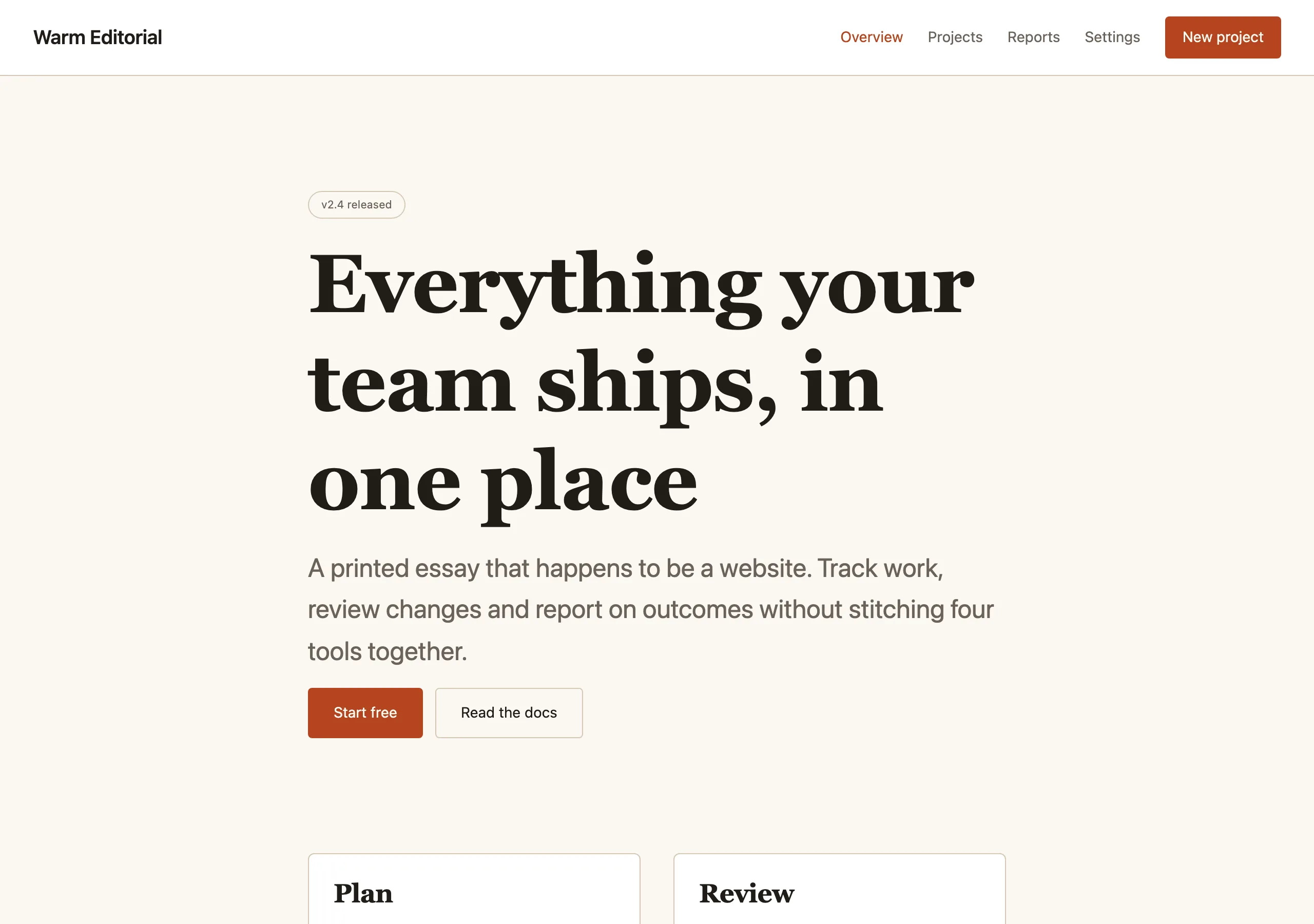 The demo page rendered in Warm Editorial